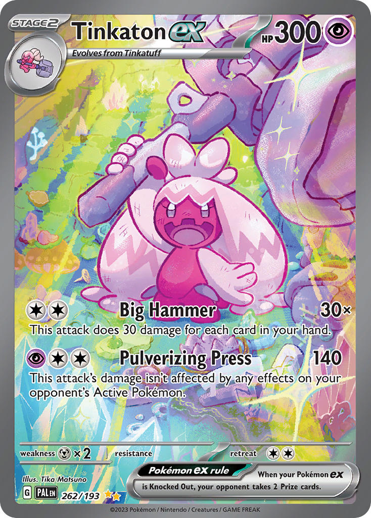 :d arm_up artist_name card_(medium) character_name company_name copyright_name copyright_notice crystal english_text eyelashes hammer holding holding_hammer matsuno_tika nintendo official_art open_mouth outdoors pokemon pokemon_(creature) pokemon_card pokemon_focus pokemon_tcg smile solo sparkle standing third-party_source tinkaton tinkatuff trading_card