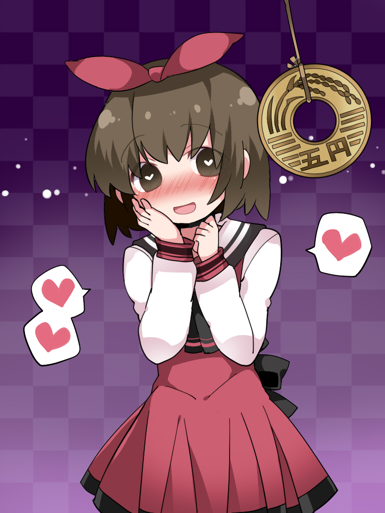 1girl blush brown_eyes brown_hair checkered_background coin commentary_request dress female_focus hammer_(sunset_beach) heart heart-shaped_pupils hypnosis mind_control open_mouth original red_dress short_hair smile solo spoken_heart symbol-shaped_pupils yen