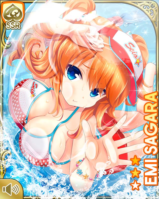 1girl :o ass ball bare_arms bare_legs barefoot beachball bikini blue_eyes breast_press breasts cleavage closed_mouth day floating girlfriend_(kari) hair_behind_ear indoor_pool indoors inflatable_toy knees_bent large_breasts official_art orange_hair polka_dot polka_dot_bikini qp:flapper red_headwear sagara_emi swimsuit tagme towel two_side_up