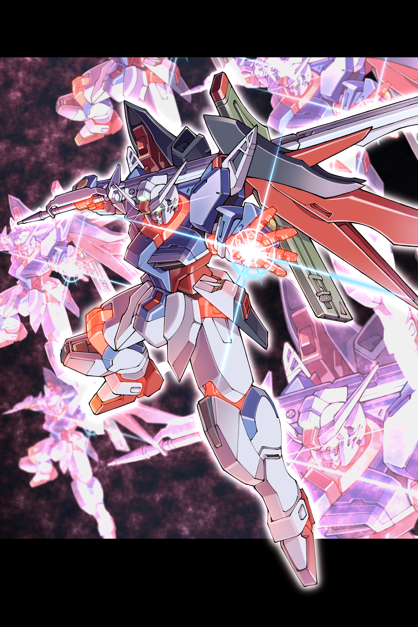 absurdres afterimage energy_sword commentary_request daigosan_(k66daigensui) destiny_gundam destiny_gundam_spec_ii energy_sword glowing glowing_eyes green_eyes gundam gundam_seed gundam_seed_destiny gundam_seed_freedom highres holding holding_sword holding_weapon mecha mobile_suit open_hand robot science_fiction sword v-fin weapon