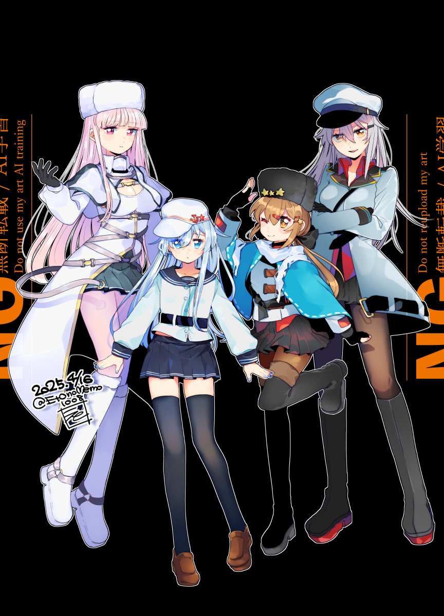 4girls black_background black_gloves black_hair black_ribbon black_skirt black_thighhighs blue_eyes blue_hair blue_shawl blue_skirt blunt_bangs boots breasts brown_eyes brown_hair brown_pantyhose cleavage coat collared_shirt country_connection crossed_arms dated eto_(etonomemo1008) fingerless_gloves fur_hat gangut_(kancolle) gloves grey_hair hair_ornament hair_ribbon hairclip hat hibiki_(kancolle) highres jacket kantai_collection kirov_(kancolle) knee_boots long_hair long_sleeves looking_at_viewer medium_breasts multiple_girls one_eye_closed orange_eyes pantyhose papakha pink_eyes pink_hair pleated_skirt red_shirt ribbon scarf shawl shirt signature skirt star_(symbol) tashkent_(kancolle) thigh_boots thighhighs torn_clothes torn_scarf twitter_username verniy_(kancolle) white_hat white_scarf