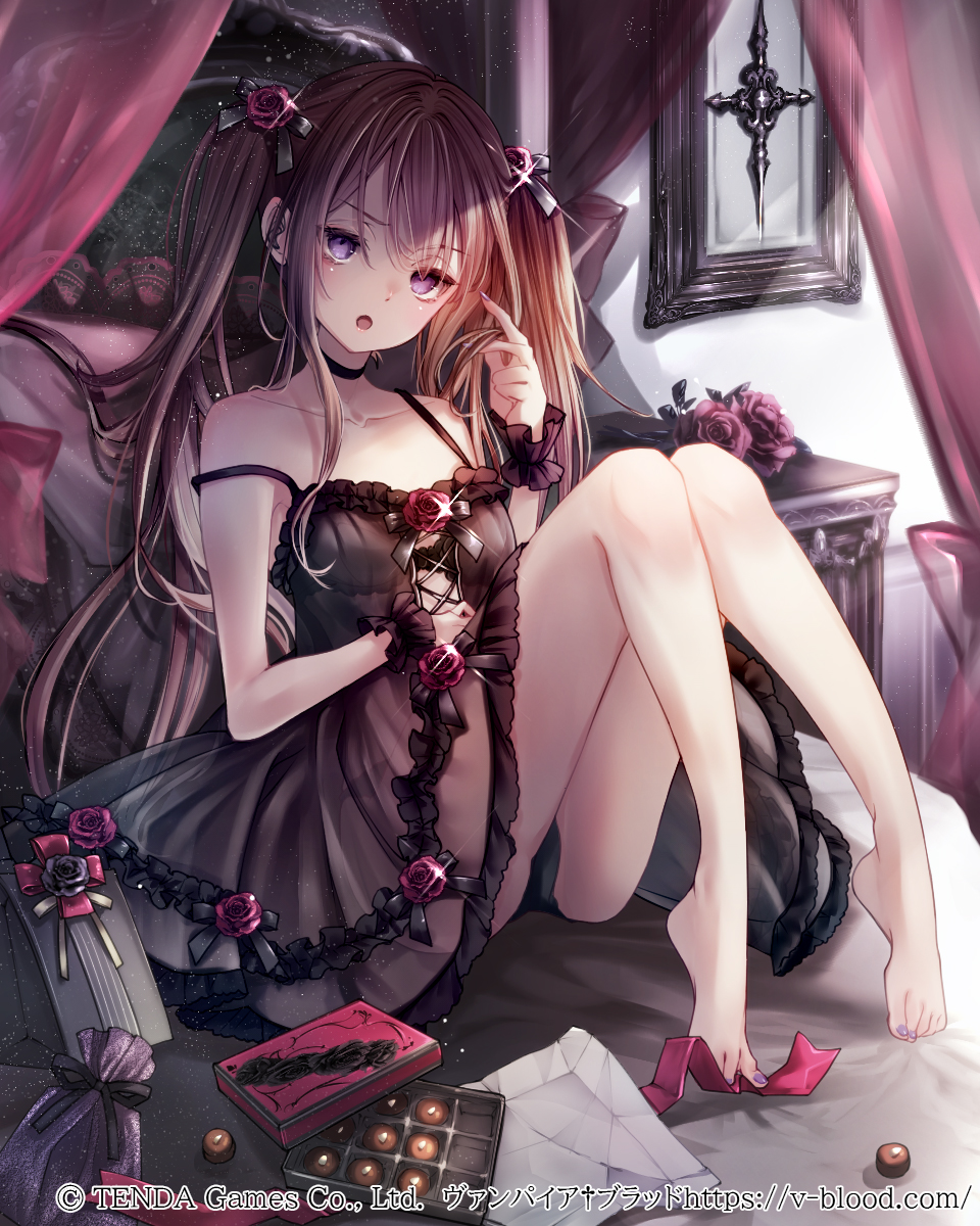 1girl babydoll barefoot bed bedroom black_babydoll black_bow black_choker black_panties black_wrist_cuffs bow brown_hair candle choker collarbone commentary_request copyright_name copyright_notice curtains flower frilled_wrist_cuffs frills hair_bow hair_flower hair_ornament hane_segawa highres looking_at_viewer nail_polish nightstand official_art on_bed panties pantyshot pillow pouch purple_eyes purple_nails red_flower red_rose rose sitting solo strap_slip succubus_(vampire_blood) toenail_polish toenails twintails underwear vampire_blood wrist_cuffs