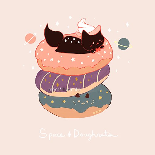 artist_name black_cat bow bowtie cat donut english_text food food_focus hat nadia_kim no_humans original pink_background planet red_neckwear saturn_(planet) simple_background sparkle star_(symbol)