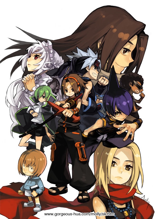 2girls 6+boys asakura_hao asakura_yoh bandana blonde_hair brown_eyes chocolove_mcdonell dark_skin everyone green_eyes green_hair hairband iron_maiden_jeanne kyouyama_anna lyserg_diethel maid_headdress molly multiple_boys multiple_girls oyamada_manta purple_hair red_eyes sandals shaman_king short_hair silver_hair tao_ren usui_horokeu