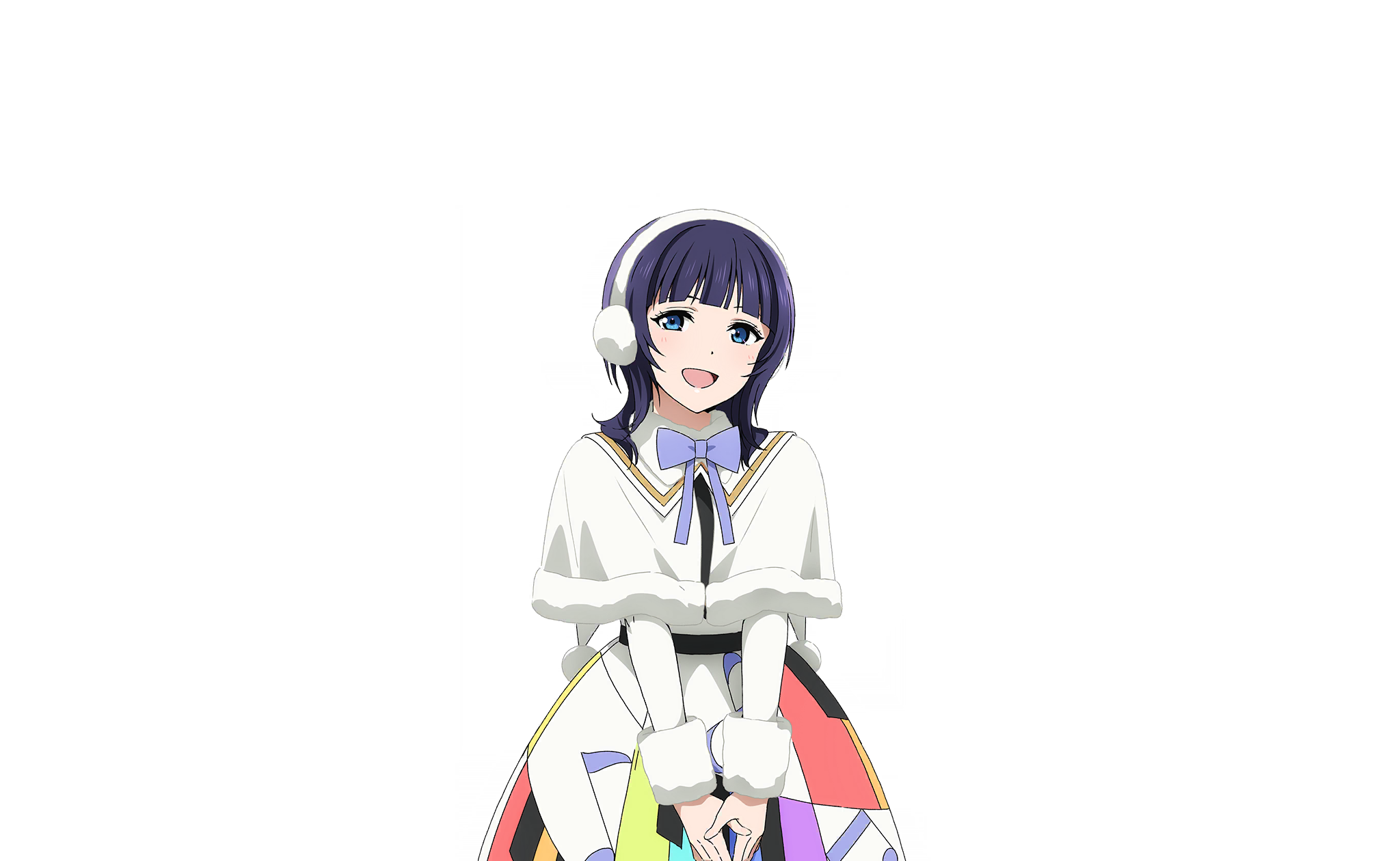 1girl asaka_karin blue_eyes blue_hair blue_ribbon blunt_bangs blush capelet colorful_dreams!_colorful_smiles!_(love_live!) cowboy_shot dress earmuffs fur-trimmed_capelet fur-trimmed_collar fur_trim highres long_sleeves looking_at_viewer love_live! love_live!_nijigasaki_high_school_idol_club love_live!_school_idol_festival_2 medium_hair musical_note musical_note_print neck_ribbon official_art open_mouth own_hands_together piano_print rainbow_print rainbow_skirt ribbon smile solo standing transparent_background v_arms white_capelet white_dress
