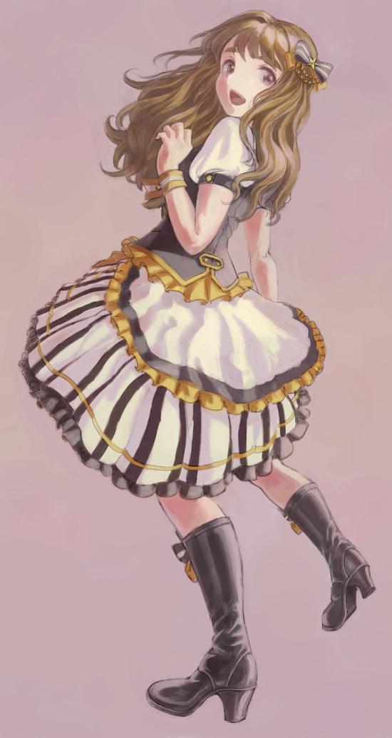 1girl :d black_boots boots bow frilled_skirt frills from_behind full_body hair_bow hand_up high_heel_boots high_heels idolmaster idolmaster_million_live! knee_boots legs_apart light_brown_hair long_hair looking_at_viewer looking_back miyao_miya multicolored_background open_mouth parfait_noir_(idolmaster) pink_eyes puffy_short_sleeves puffy_sleeves short_sleeves skirt smile solo star_(symbol) striped_bow striped_clothes striped_skirt tareme thick_eyebrows vaison vertical-striped_clothes vertical-striped_skirt wavy_hair