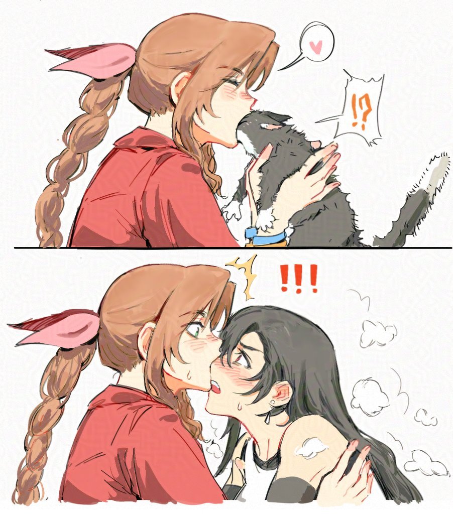 ! !? 2girls ? aerith_gainsborough animal animalization bangle bare_shoulders black_bra black_fur black_gloves black_hair blush bra bracelet braid braided_ponytail brown_hair cat closed_eyes earrings elbow_gloves final_fantasy final_fantasy_vii final_fantasy_vii_rebirth final_fantasy_vii_remake gloves green_eyes hair_between_eyes hair_ribbon heart heavy_breathing holding holding_animal holding_cat jacket jeremr jewelry multiple_girls open_mouth parted_bangs pink_ribbon red_eyes red_jacket ribbon shirt sidelocks single_braid spoken_exclamation_mark spoken_heart spoken_question_mark sports_bra sweatdrop tifa_lockhart transformation two-tone_fur underwear upper_body white_background white_fur white_shirt yuri