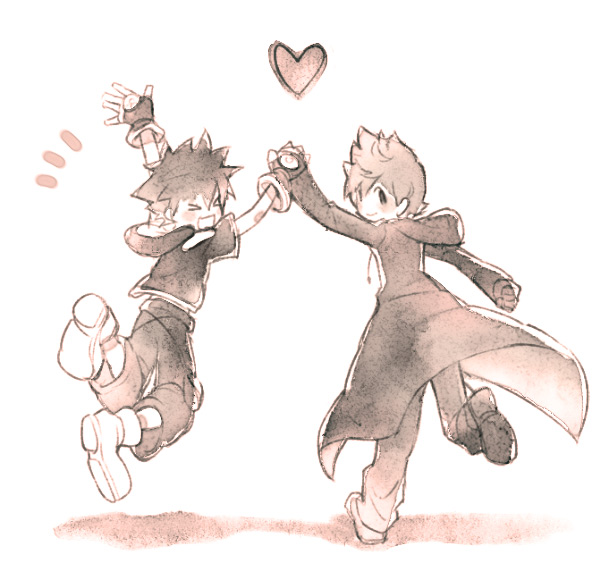 &gt;_&lt; 2boys arms_up black_coat_(kingdom_hearts) blush_stickers closed_eyes commentary_request full_body heart holding_hands hood hood_down hooded_jacket jacket jumping kingdom_hearts kingdom_hearts_ii long_coat looking_back male_focus monochrome multiple_boys open_mouth painting_(medium) pants roxas running shoes short_hair smile sora_(kingdom_hearts) spiked_hair traditional_media vocon watercolor_(medium) white_background