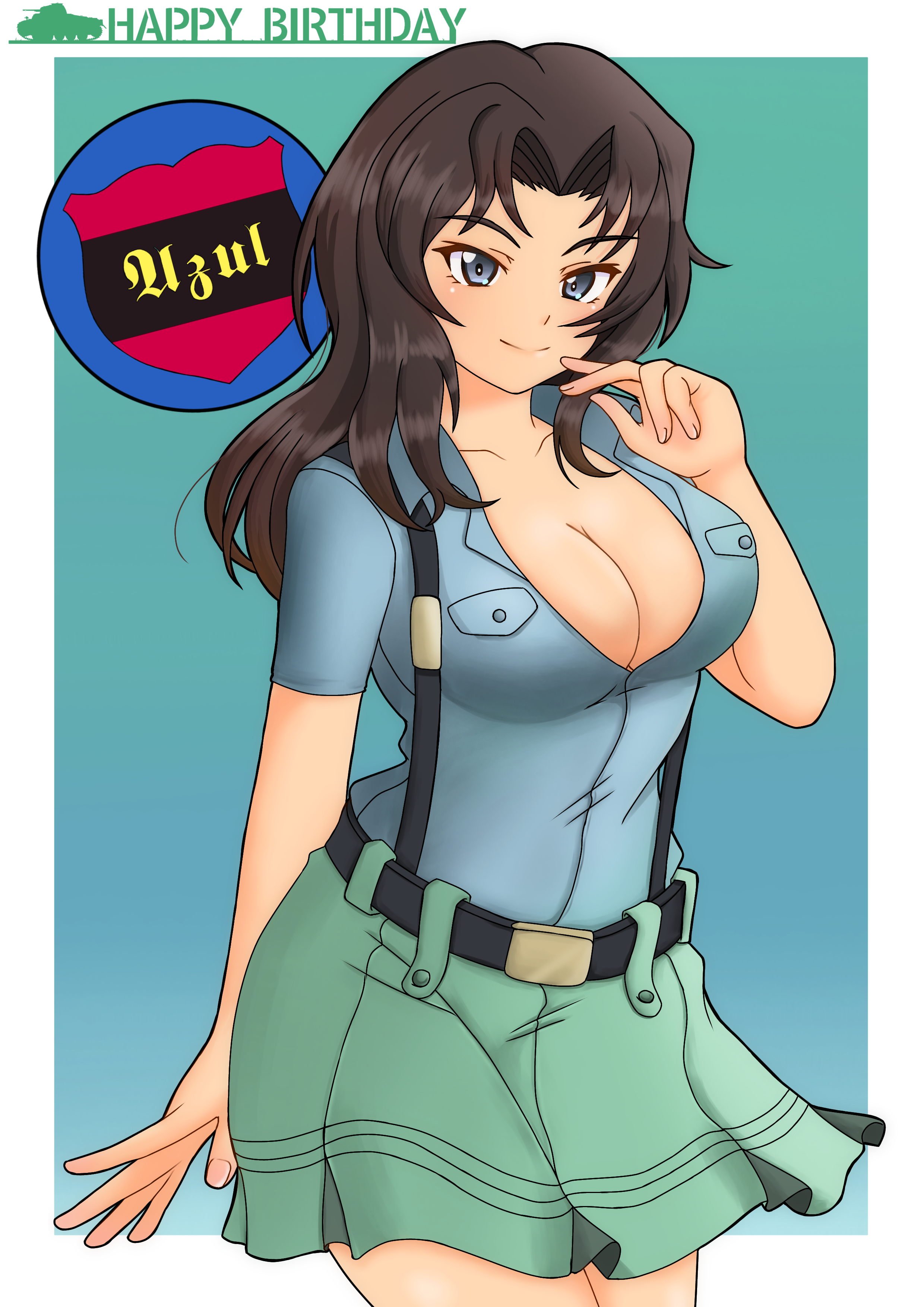 1girl absurdres amanone_yun aoshidan_(emblem) aoshidan_school_uniform aqua_background belt birthday black_belt blue_eyes blue_shirt breasts cleavage closed_mouth collared_shirt cowboy_shot dark-skinned_female dark_skin el_(girls_und_panzer) girls_und_panzer green_skirt hair_intakes happy_birthday highres large_breasts long_hair looking_at_viewer partially_unbuttoned pleated_skirt school_uniform shirt short_sleeves skirt smile solo standing suspenders