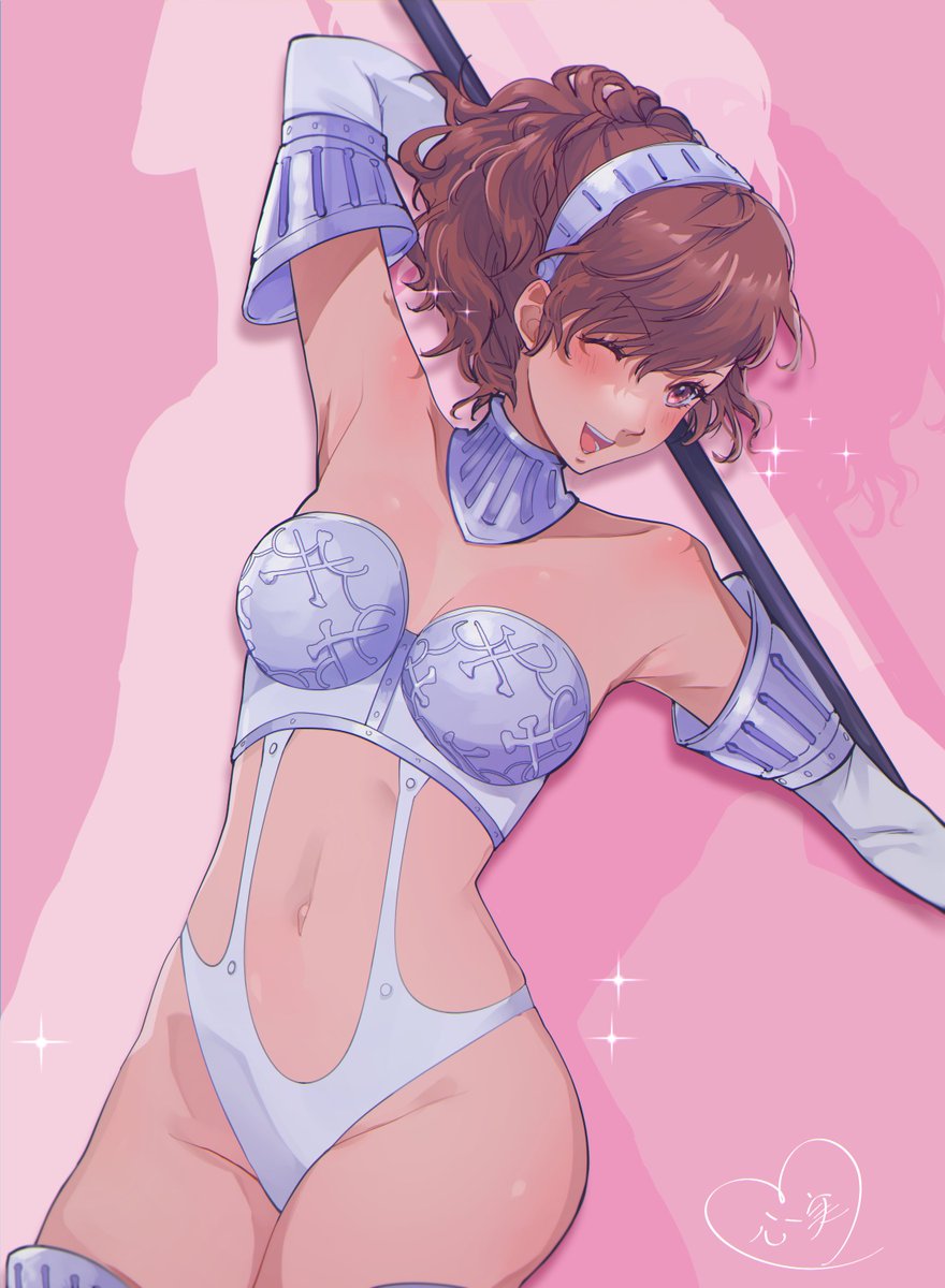 1girl ;d armor bikini_armor blush breasts brown_eyes brown_hair cleavage commentary elbow_gloves english_commentary gloves high-cut_armor_(persona) highres kokomi_(aniesuakkaman) looking_at_viewer medium_breasts metal_hairband navel official_alternate_costume one_eye_closed open_mouth persona persona_3 persona_3_portable shiomi_kotone short_hair smile solo thighhighs