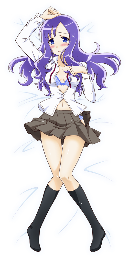 10s 1girl blue_bra blue_eyes blush bra dress embarrassed female_focus full_body grey_dress heartcatch_precure! kneehighs kurumi_momoka lingerie long_hair lying panties precure purple_hair school_uniform sidelocks simple_background skirt socks solo sparkle underwear undressing white_background yuuma_(artist) yuuma_(skirthike)