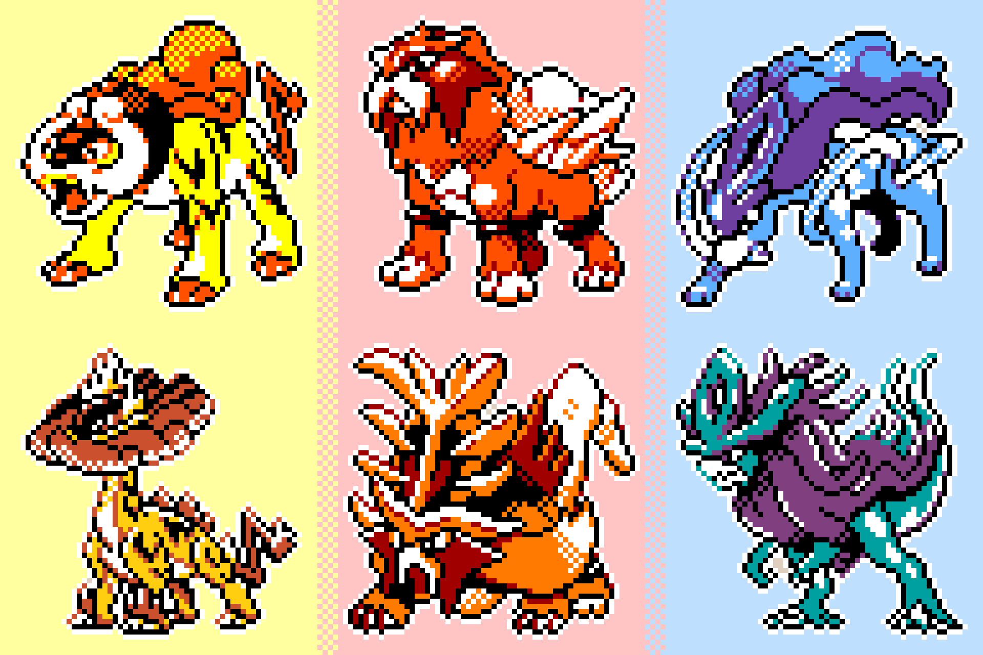 column_lineup dora_mentaiko entei gen_2_pokemon gouging_fire highres horns legendary_pokemon mane multiple_horns multiple_tails nintendo no_humans official_art_inset open_mouth parody pixel_art pokemon pokemon_(creature) pokemon_focus pokemon_gsc_(style) purple_fur raging_bolt raikou raptor sprite style_parody suicune tail two_tails walking_wake