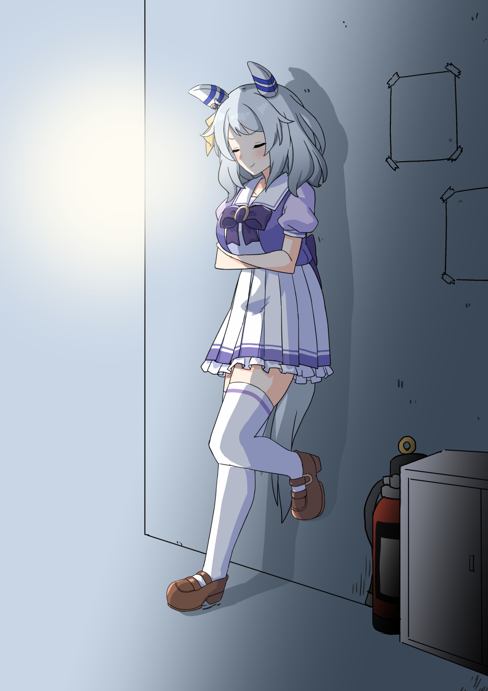 172cm 1girl animal_ears arms_under_breasts back_bow bow bowtie breasts brown_shoes closed_eyes crossed_arms ear_covers fire_extinguisher from_side full_body grey_hair highres hishi_miracle_(umamusume) horse_ears horse_girl horseshoe_ornament large_bow large_breasts leaning_back loafers medium_hair pleated_skirt puffy_short_sleeves puffy_sleeves purple_bow purple_bowtie purple_shirt sailor_collar sailor_shirt school_uniform shirt shoes short_sleeves skirt solo thighhighs tracen_school_uniform umamusume white_skirt white_thighhighs