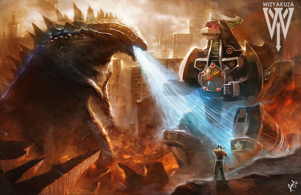 1boy atomic_breath city crossover destruction dragon_caesar dragon_ranger dragonzord drill energy energy_beam epic fangs fire flute glowing glowing_eyes godzilla godzilla_(2014) godzilla_(series) horns instrument kaiju legendary_pictures mecha mighty_morphin_green_ranger monsterverse plasma power_rangers robot saban_entertainment single_horn super_sentai tail toei_company toho wizyakuza