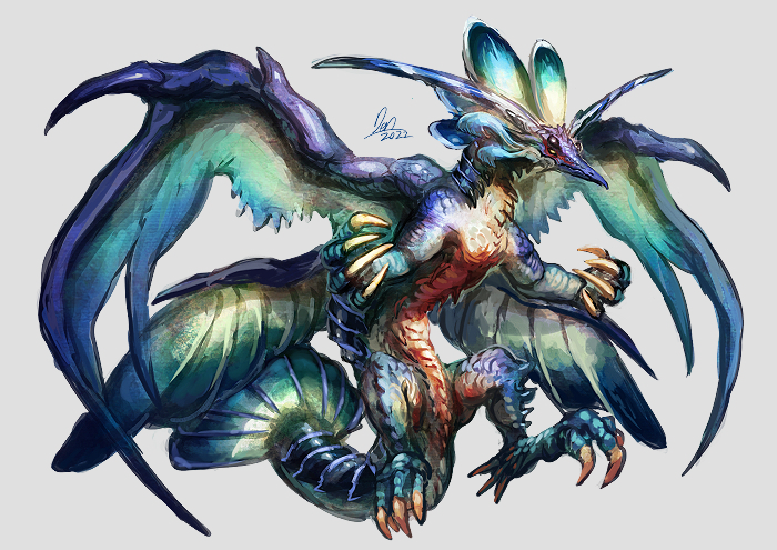 animal_focus beak claws extra_eyes full_body horns mixed_wings monster multiple_wings no_humans original scales shrimp_tail signature simple_background solo tail torihasiden wings yellow_background yellow_eyes