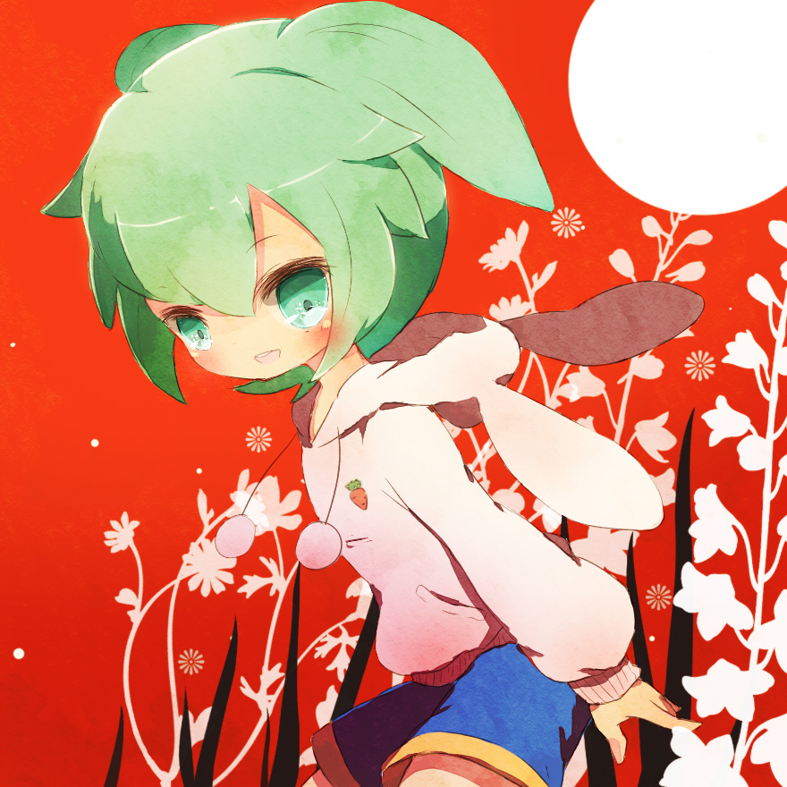 1boy animal_hood bad_id bad_pixiv_id blush carrot fei_rune gradient_background green_eyes green_hair hood inazuma_eleven_(series) inazuma_eleven_go inazuma_eleven_go_chrono_stone male_focus matching_hair/eyes open_mouth orange_background rabbit_hood raimon raimon_soccer_uniform red_background shorts soccer_uniform solo sportswear yoshida_(nono_ko)
