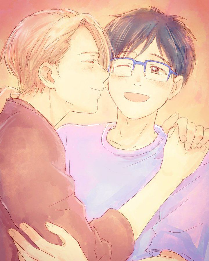 2boys bad_id bad_pixiv_id black_hair blue-framed_eyewear blush brown_eyes closed_eyes glasses hands_on_another&#039;s_shoulder imminent_kiss katsuki_yuuri male_focus multiple_boys one_eye_closed open_mouth silver_hair smile takeshi_(mononohu20) upper_body viktor_nikiforov yaoi yuri!!!_on_ice