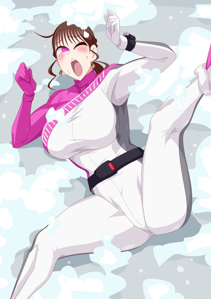 1girl bakuage_sentai_boonboomger bodysuit brown_hair bubble female_focus lying otokamu pink_eyes shifuto_mira skinsuit solo super_sentai