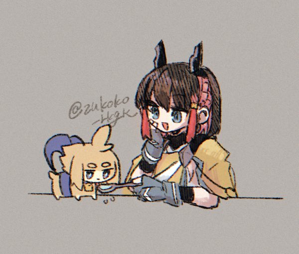1girl azure_striker_gunvolt azure_striker_gunvolt_3 black_hair dog feeding grey_background gunvolt horns kirin_(gunvolt) multicolored_hair pink_hair red_hair simple_background zukoko_rkgk