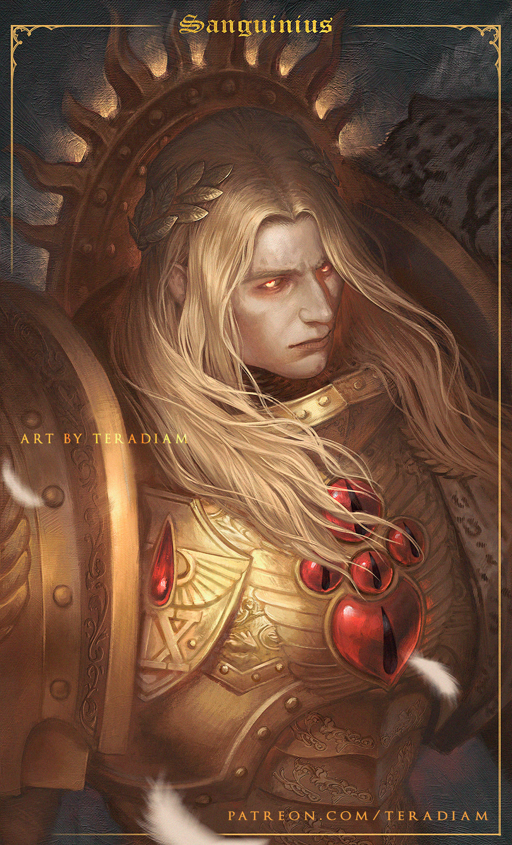 1boy armor artist_name blonde_hair blood_angels blurry border breastplate character_name closed_mouth commentary depth_of_field english_commentary engraved_armor eyes_of_horus_(warhammer_40k) feathers gem glowing glowing_eyes gold_armor gold_border highres laurel_crown leopard_pelt long_hair looking_at_viewer looking_up male_focus ornate_armor outside_border patreon_username pauldrons pelt power_armor primarch realistic red_gemstone regalia_resplendent rerebrace sanguinius shoulder_armor snow_leopard_pelt solo teradiam upper_body warhammer_40k watermark web_address white_feathers