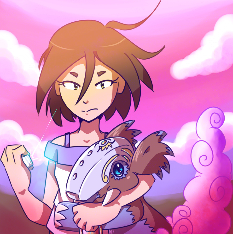 bakumon digimon digimon_(creature) digimon_adventure_tri. digivice himekawa_maki looking_at_viewer short_hair smoke