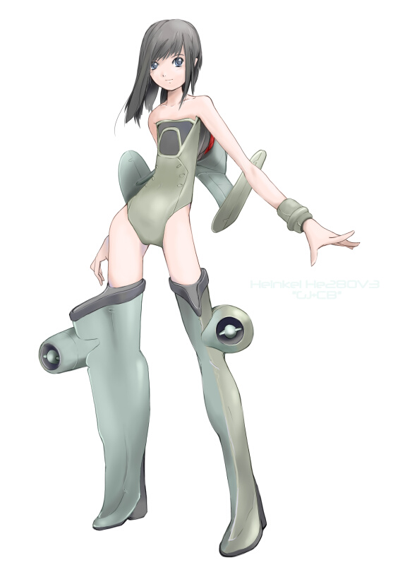 1girl aircraft airplane black_hair female_focus full_body he_280 jet mecha_musume military nano_(nanosize) original personification simple_background solo white_background world_war_ii