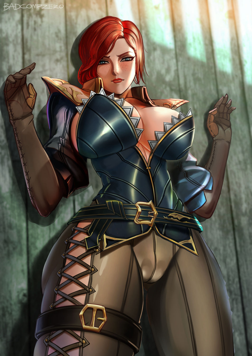 1girl against_wall badcompzero belt blue_eyes blush breasts cameltoe cleavage curvy freckles gloves hands_up highres huge_breasts league_of_legends lips long_hair looking_at_viewer miss_fortune_(league_of_legends) narrowed_eyes pants pirate red_hair red_lips standing thick_thighs thighs tight_clothes tight_pants wide_hips