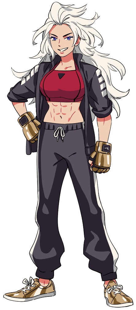 1girl abs artist_request big_hair black_jacket black_pants black_track_suit blue_eyes breasts brown_gloves brown_shoes crop_top double_dragon fingerless_gloves gloves jacket large_breasts long_hair looking_at_viewer marian_kelly midriff muscular muscular_female navel official_art open_clothes open_jacket pants red_sports_bra river_city_girls_2 shoes smile sneakers solo sports_bra track_pants track_suit white_hair