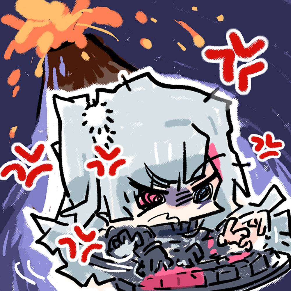 1girl anger_vein angry blue_eyes chibi chibi_only chinese_commentary computer_keyboard cui_pi_zha_xia_qiu girls&#039;_frontline girls&#039;_frontline_neural_cloud grey_hair heterochromia kuro_(neural_cloud) mdr_(girls&#039;_frontline) official_art pink_hair red_eyes second-party_source solo typing volcano wavy_mouth