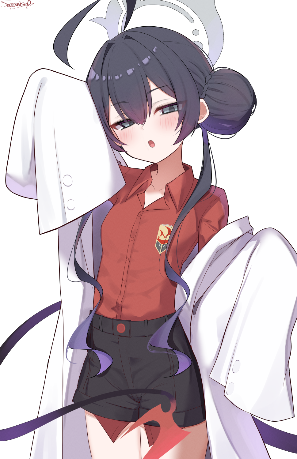 1girl ahoge alternate_costume black_hair black_shorts black_tail blue_archive braid braided_bun breasts coat collared_shirt cosplay demon_tail double_bun grey_eyes hair_bun highres kasumi_(blue_archive) kasumi_(blue_archive)_(cosplay) kisaki_(blue_archive) lab_coat long_hair long_sleeves long_tail looking_at_viewer open_mouth red_shirt sazamiso_rx shirt shirt_tucked_in shorts sleeves_past_fingers sleeves_past_wrists small_breasts solo tail twintails very_long_hair white_coat