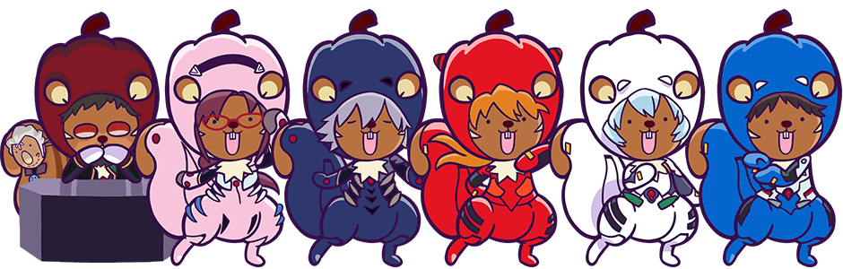 animal_ears ayanami_rei ayanami_rei_(cosplay) beard blue_bodysuit blue_hair bodysuit brown_hair buck_teeth closed_eyes cosplay desk facial_hair gendou_pose glasses grey_hair hands_clasped ikari_gendou ikari_gendou_(cosplay) ikari_shinji ikari_shinji_(cosplay) makinami_mari_illustrious makinami_mari_illustrious_(cosplay) mecha_pilot_suit nagisa_kaworu nagisa_kaworu_(cosplay) neon_genesis_evangelion official_art opaque_glasses open_mouth orange_hair own_hands_clasped own_hands_together pink_bodysuit plugsuit_(evangelion) puyopuyo puyopuyo_quest red-framed_eyewear red_bodysuit souryuu_asuka_langley souryuu_asuka_langley_(cosplay) squirrel squirrel_ears squirrel_tail tail teeth transparent_background white_bodysuit