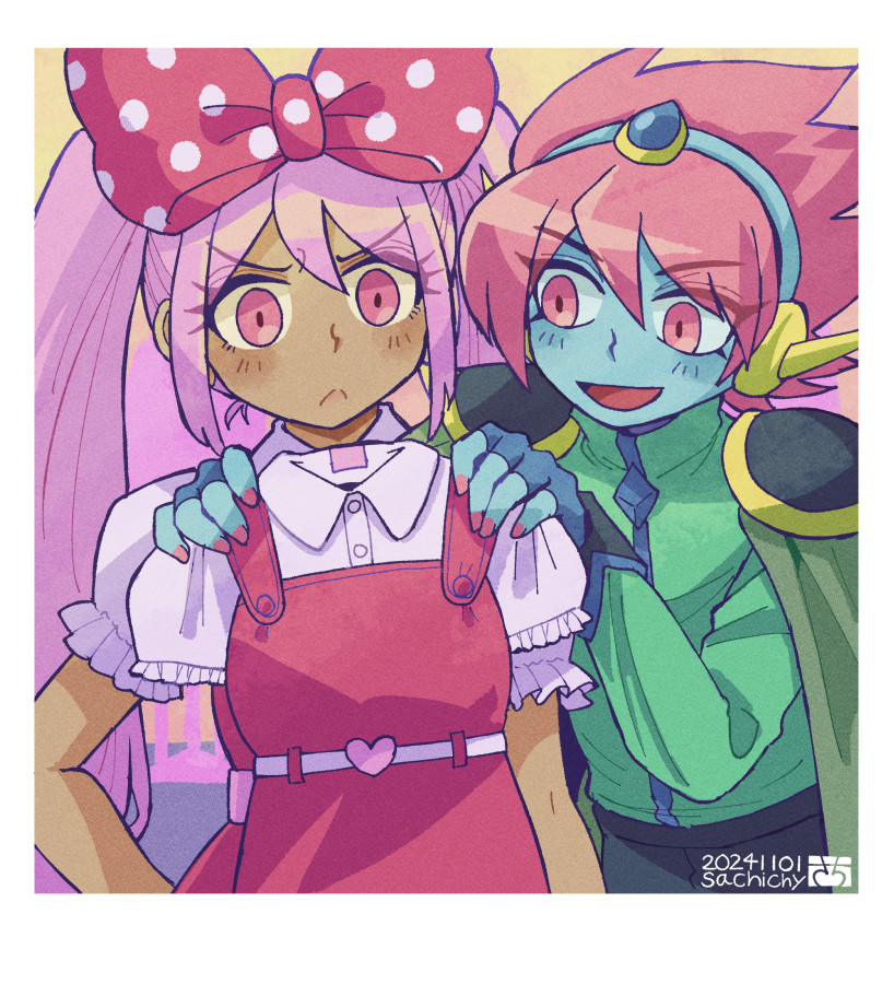 1boy 1girl aizawa_sachi artist_name black_pants blue_gloves blush bow cape captain_spaceboy closed_mouth dark-skinned_female dark_skin dated dress fingerless_gloves gloves green_cape hair_bow long_hair long_sleeves looking_at_another omori open_mouth pants pink_bow pink_dress pink_eyes pink_hair pink_nails polka_dot polka_dot_bow puffy_short_sleeves puffy_sleeves short_hair short_sleeves smile sweetheart_(omori) twintails
