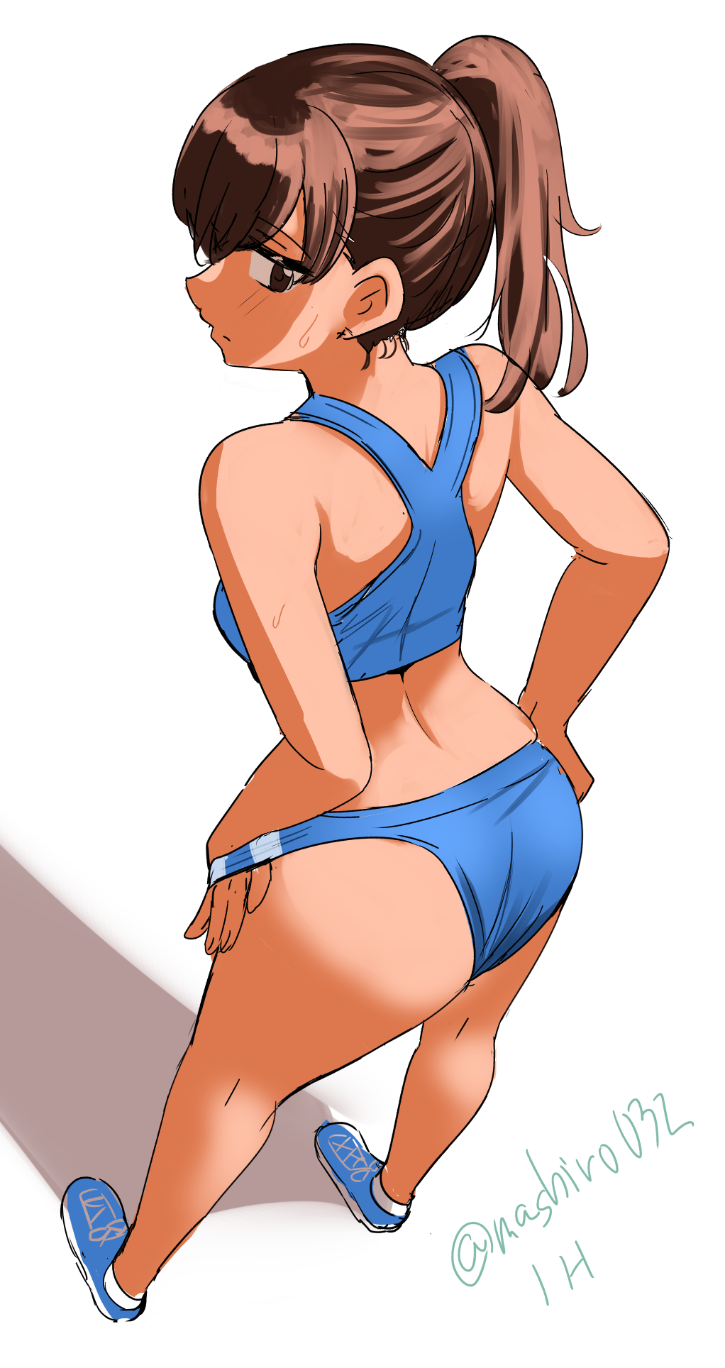 1girl blue_shoes blue_sports_bra brown_eyes brown_hair commentary_request ereka full_body hand_in_own_panties highres lone_nape_hair long_hair one-hour_drawing_challenge original ponytail racerback shadow shoes sneakers solo sports_bra sports_panties standing twitter_username