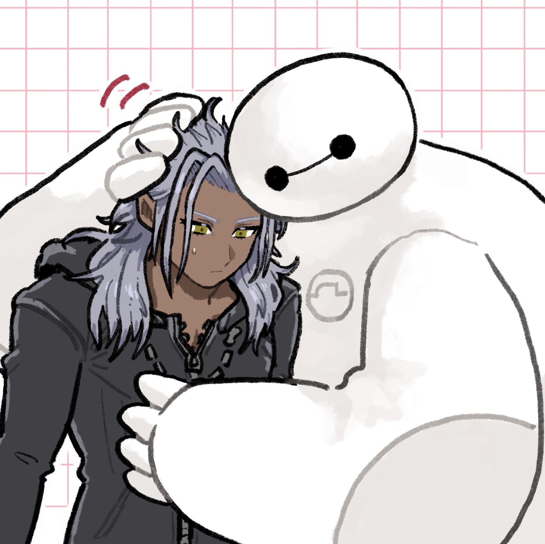 1boy 1other baymax big_hero_6 black_coat_(kingdom_hearts) breasts commentary dark-skinned_male dark_skin disney grey_hair headpat highres kingdom_hearts long_hair male_focus organization_xiii petting pointy_ears robot simple_background sweatdrop symbol-only_commentary tdmnsea xemnas yellow_eyes