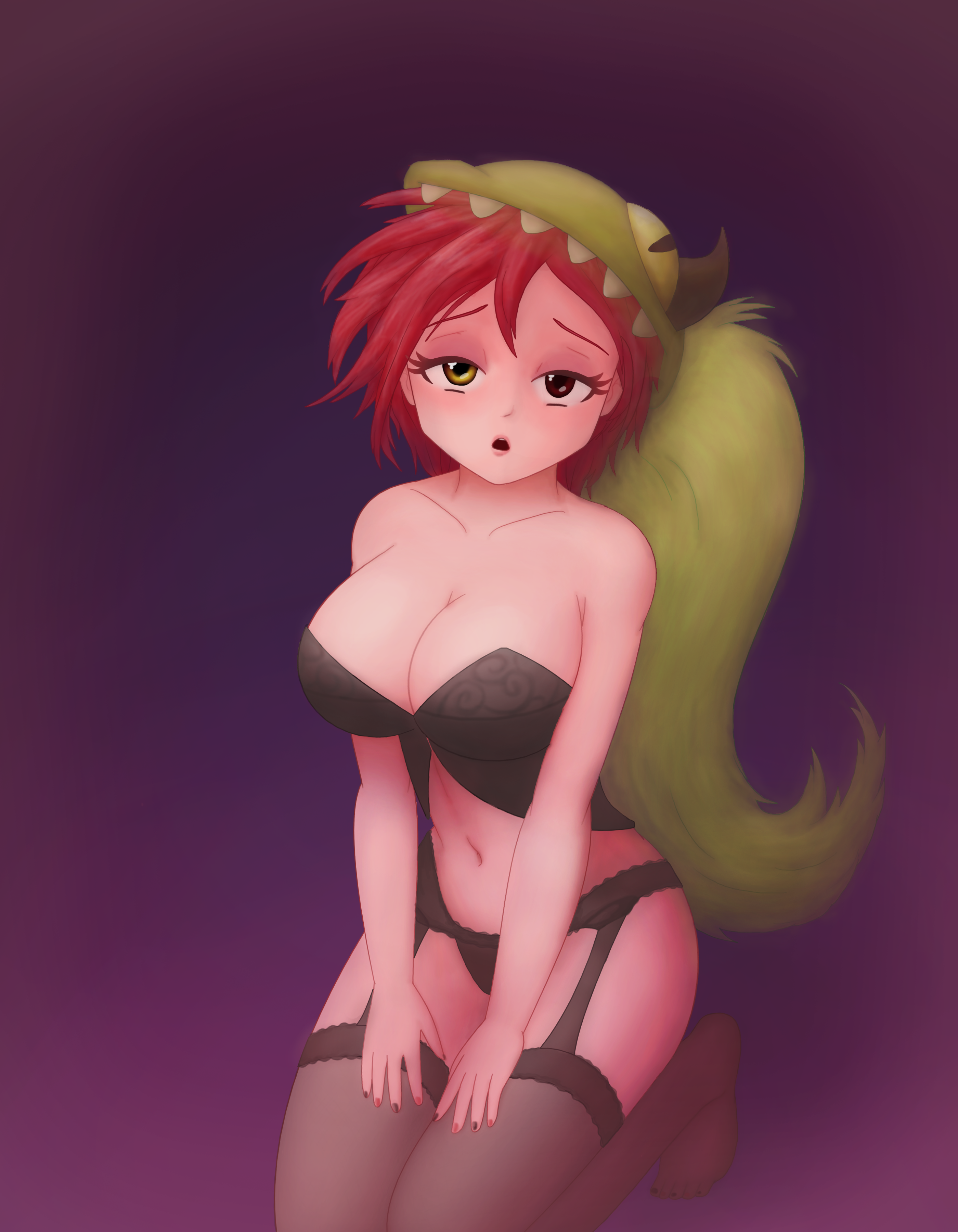 1girl :o abstract_background absurdres animal_hood asymmetrical_clothes bare_shoulders bent_over black_lingerie black_nails breasts cartoon_network cleavage defeated_expression demencia female_focus green_hair half-closed_eyes hands_on_thighs heterochromia highres hood kneeling large_breasts lingerie long_hair open_mouth pale_skin pink_nails purple_background red_eyes red_hair saf-404 seductive_smile short_hair smile solo thighhighs underwear very_long_hair villainous yellow_eyes