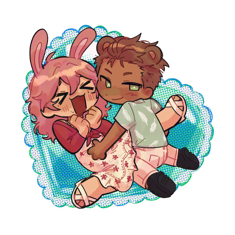 &gt;_&lt; 8wnqt :d animal_ears bear_ears between_legs blush border brown_hair cardigan clenched_hand commission commissioner_insert crew_cut derek_suarez double-parted_bangs dress feather_print frilled_dress frills green_eyes green_shirt hair_between_eyes halftone hand_on_another&#039;s_waist hands_up heart long_hair looking_at_viewer looking_back main_character_(our_life) mole mole_on_cheek open_mouth ornate_border our_life our_life:_beginnings_and_always pink_cardigan pink_hair rabbit_ears sandals second-party_source shirt smile smirk spread_legs vgen_commission