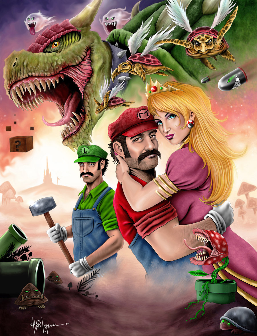 1girl 3boys blonde_hair blue_eyes boo_(mario) bowser bullet_bill buzzy_beetle dress earrings goomba hammer hat jewelry king_koopa koopa_paratroopa luigi manly mario mario_(series) multiple_boys nintendo piranha_plant princess_peach super_mario_bros._1
