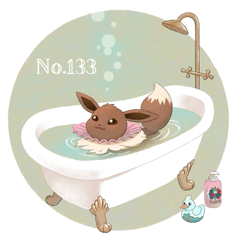 :3 animal_focus brown_eyes ducklett eevee full_body game_freak gen_1_pokemon gen_3_pokemon gen_5_pokemon in_bathtub nintendo no_humans pokedex_number pokemon pokemon_(creature) roselia_(pokemon) rubber_duck shampoo_bottle shower_head solo taiyakineco