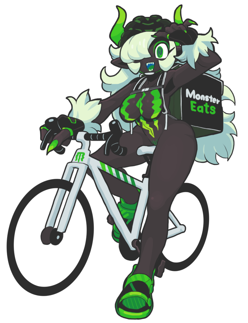 1girl @_@ bicycle bicycle_helmet black_skin breasts colored_skin colored_tongue commentary female_pubic_hair fingerless_gloves fingernails gashi-gashi gloves green_eyes green_horns green_nails green_tongue hair_over_one_eye helmet horns large_breasts long_fingernails long_hair monster_energy monster_energy-chan navel no_nipples open_mouth original product_girl pubic_hair riding riding_bicycle simple_background solo symbol-only_commentary thick_thighs thighs uber_eats white_background