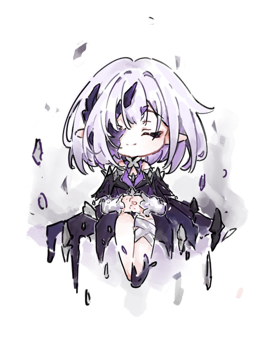 1girl bandaged_arm bandaged_leg bandages black_hair chibi closed_eyes closed_mouth eyepatch honkai:_star_rail honkai_(series) liaoqiao_chunfeng mask_over_one_eye multicolored_hair navel pointy_ears polyxia_(honkai:_star_rail) purple_hair smile solo white_background white_hair