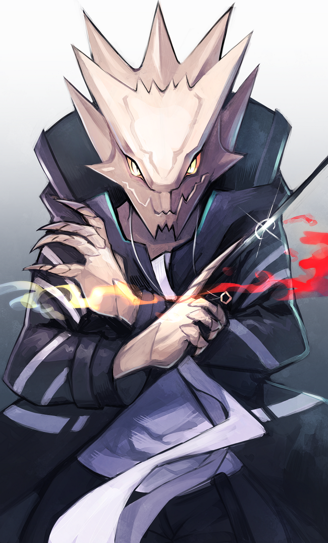 12f_(arknights) 1boy arknights black_background black_jacket black_pants jacket looking_at_viewer male_focus pants sasa_onigiri simple_background solo white_background