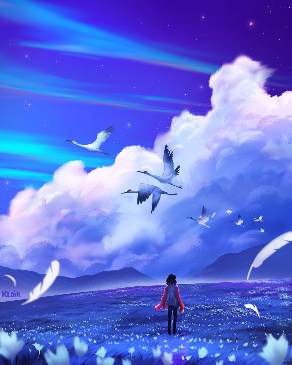 1boy aurora bird black_hair black_pants blue_flower blue_grass blue_sky cloud commentary crane_(animal) english_commentary facing_away feathers flock flower from_behind highres howl_pendragon howl_no_ugoku_shiro jacket kloir landscape meadow mountain mountainous_horizon night night_sky painterly pants purple_sky scenery sky star_(sky) starry_sky wind