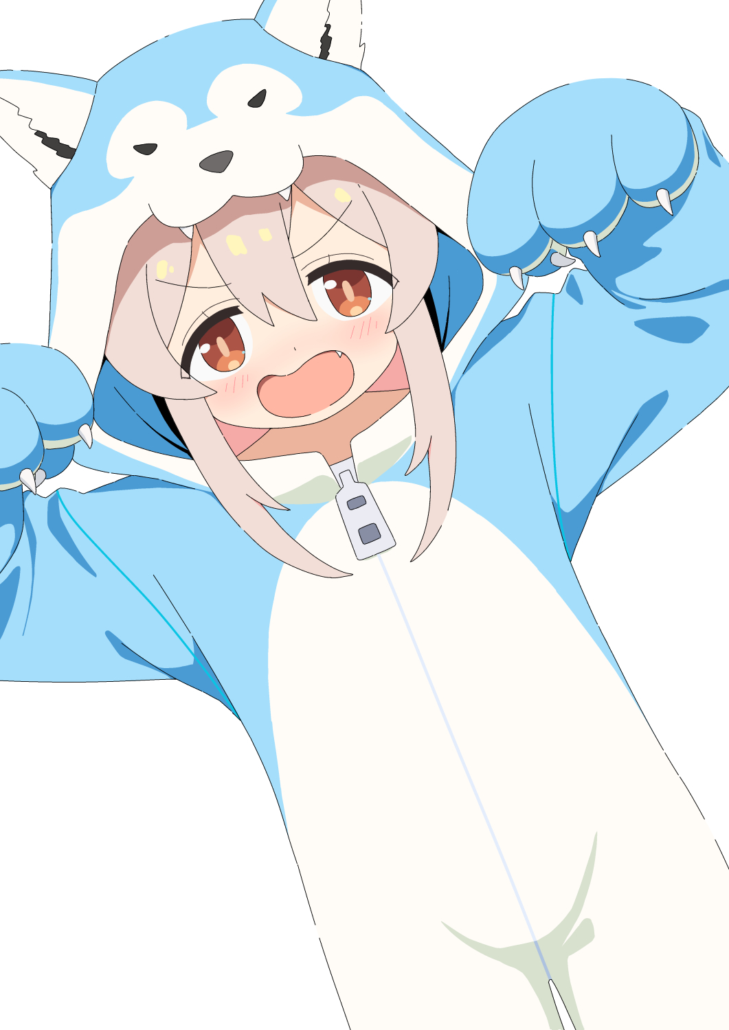 1girl animal_costume animal_ears animal_hood blush brown_eyes brown_hair commentary_request dutch_angle fake_animal_ears fang hair_between_eyes hands_up heijialan highres hood hood_up long_hair looking_at_viewer onii-chan_wa_oshimai! open_mouth oyama_mahiro simple_background solo standing v-shaped_eyebrows wavy_mouth white_background wolf_costume wolf_ears wolf_hood