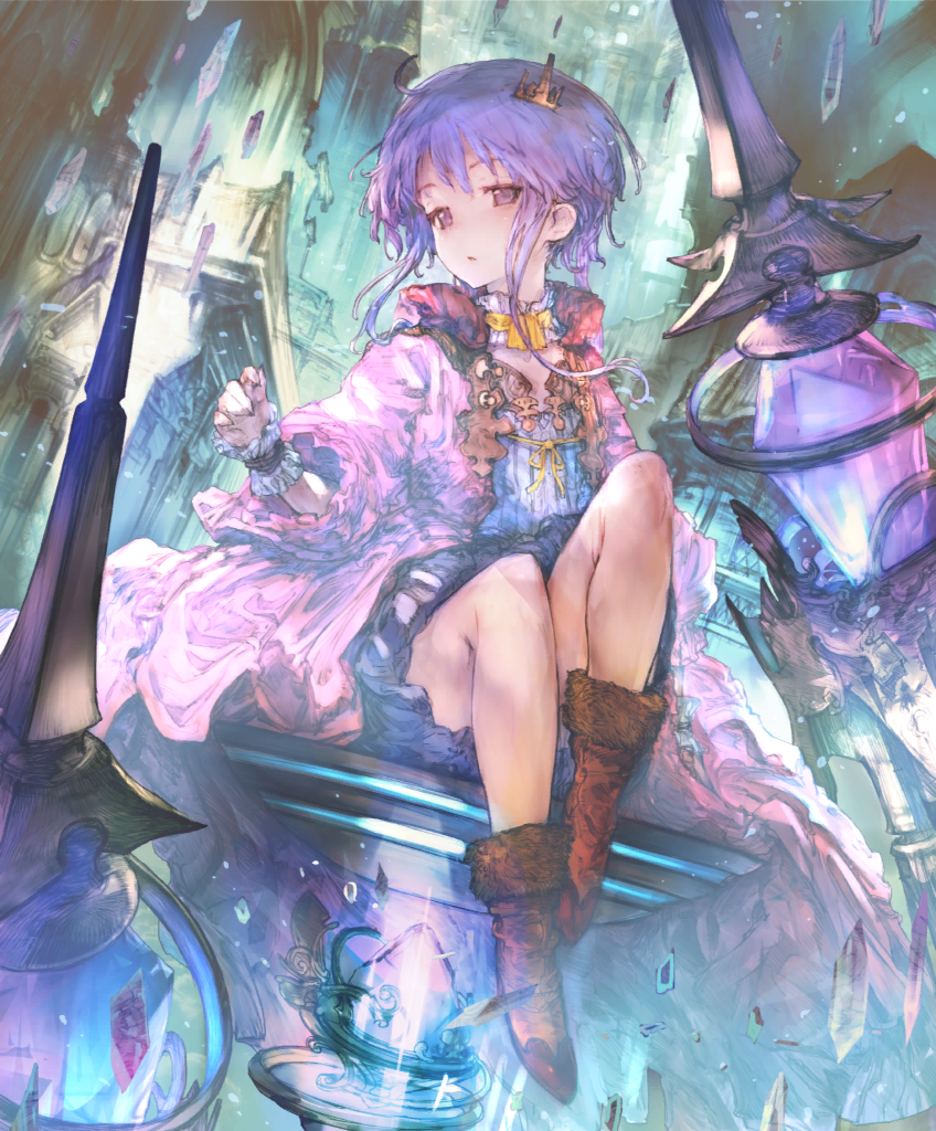 1girl blue_dress boots crown dress gorilla_(mushimushiland) looking_at_viewer non-web_source purple_hair shadowverse shingeki_no_bahamut spinaria_(shingeki_no_bahamut)