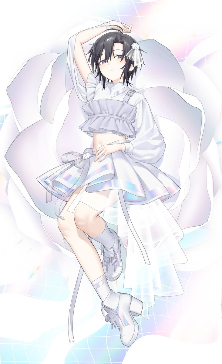 1girl ahoge antenna_hair arm_up asymmetrical_clothes birthday black_hair commentary_request full_body hair_between_eyes hair_ornament high_heel_sneakers highres idol idol_clothes idolmaster idolmaster_(classic) kikuchi_makoto light_blush long_sleeves looking_at_viewer lying midriff navel on_back parted_lips puffy_long_sleeves puffy_sleeves purple_eyes shoes short_hair sidelocks single_sleeve socks solo straight_hair vickyycy99 white_shoes white_socks