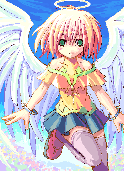 1girl angel angel_wings aqua_eyes archived_source bare_shoulders blue_skirt bracelet closed_mouth covered_collarbone cross feathered_wings hair_between_eyes halo iska jaggy_lines jewelry leg_up miniskirt original pink_hair pleated_skirt purple_thighhighs red_shoes shirt shoes short_hair skirt smile solo spread_wings thighhighs traditional_halo white_wings wings yellow_halo yellow_shirt zettai_ryouiki