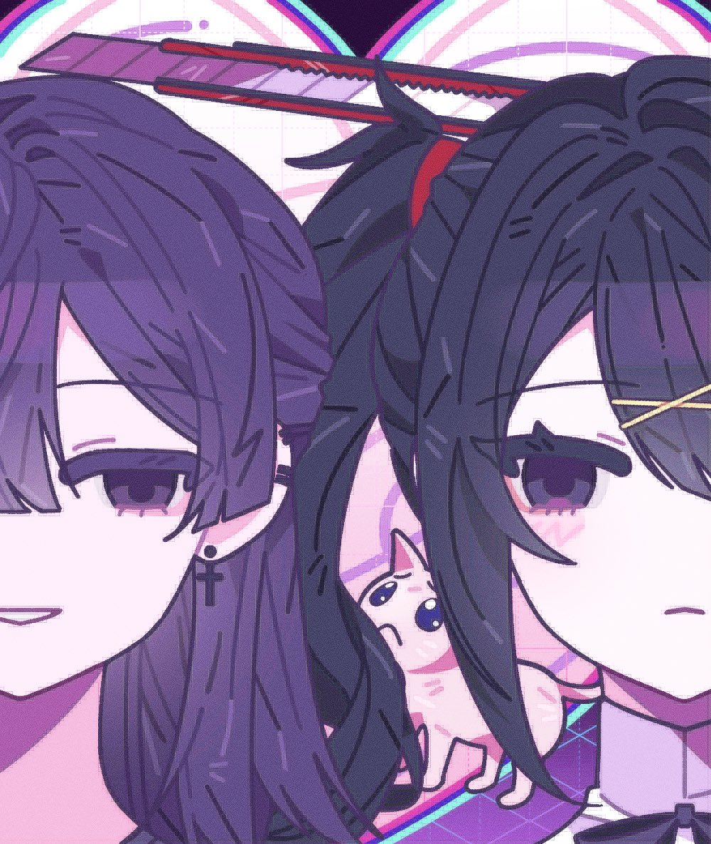 1boy 1girl ame-chan_(needy_girl_overdose) black_hair blush boxcutter cat closed_mouth collared_shirt commentary commission cross cross_earrings earclip earrings empty_eyes eyelashes grin hair_ornament hair_over_one_eye hair_tie half-closed_eyes jewelry long_hair looking_at_viewer neck_ribbon needy_girl_overdose p-chan_(needy_girl_overdose) parted_lips pien_cat_(needy_girl_overdose) portrait purple_hair ribbon salmons2 second-party_source shirt smile symbol-only_commentary twintails x_hair_ornament