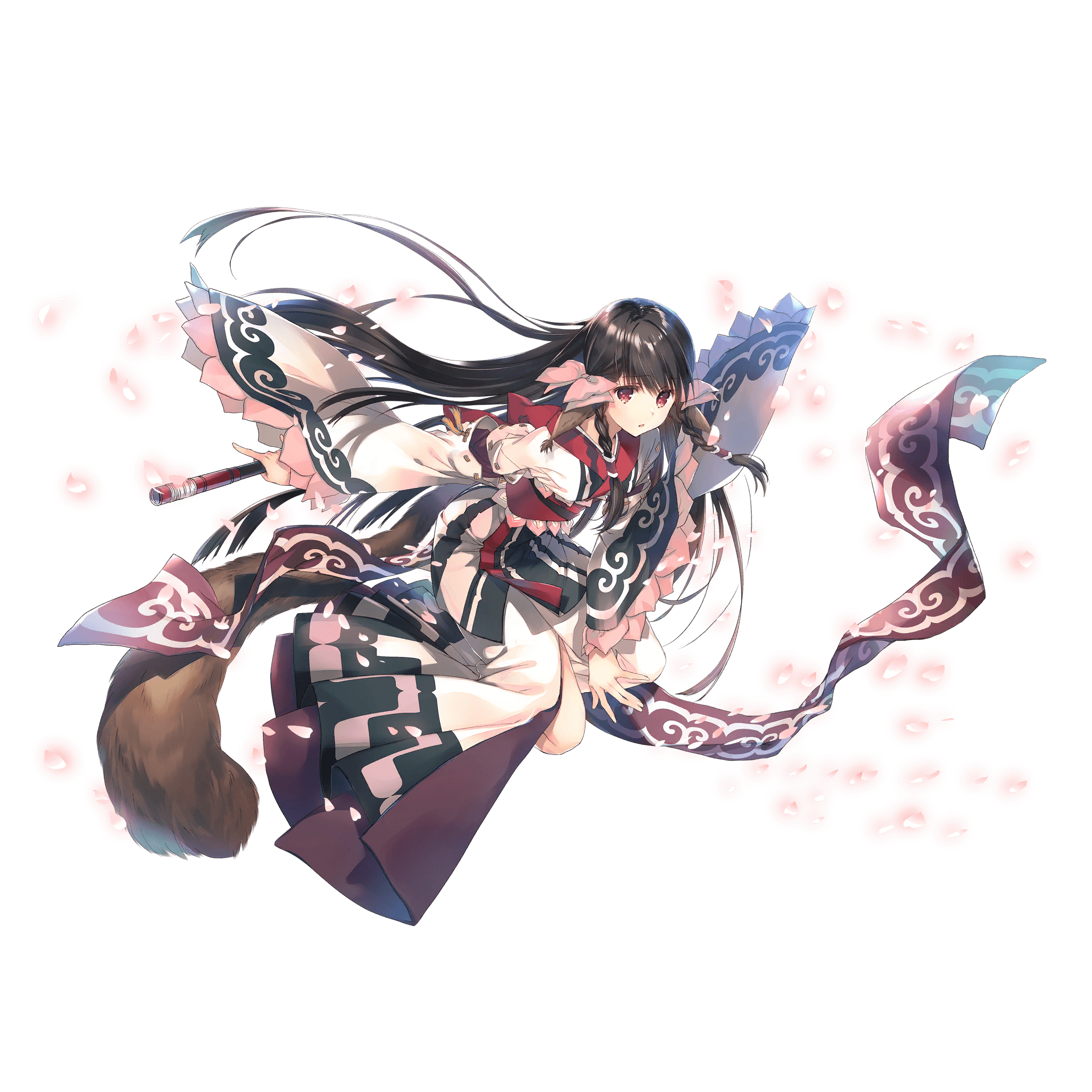 1girl ainu_clothes animal_ears black_hair bow braid full_body hair_between_eyes highres long_hair mitsumi_misato official_art red_eyes rulutieh twin_braids utawarerumono utawarerumono:_itsuwari_no_kamen