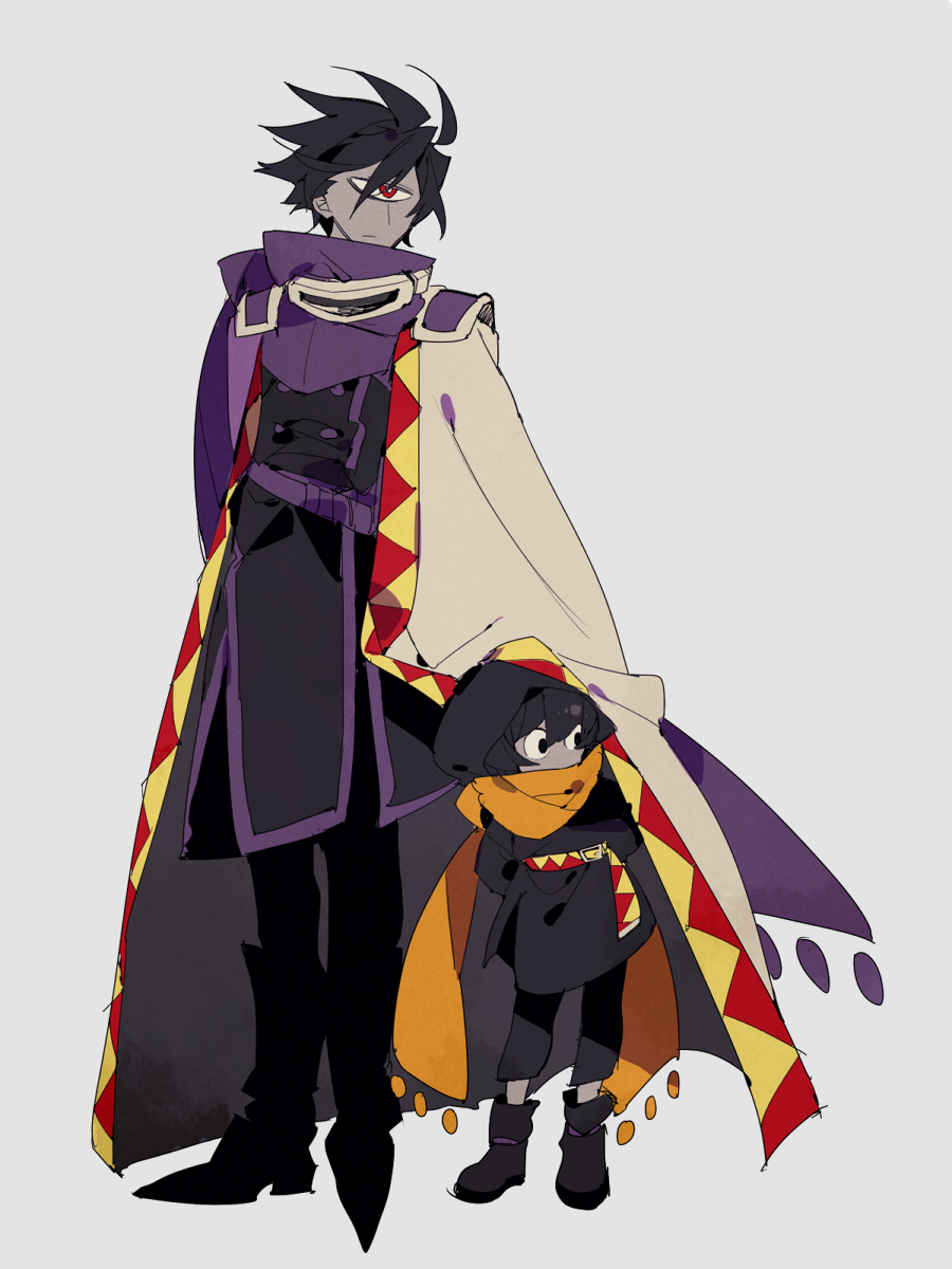 2boys ahoge asymmetrical_hair belt belt_buckle black_coat black_eyes black_footwear black_hair black_pants boots buckle child closed_mouth coat colored_skin covered_mouth dark_matter_(kirby) dark_matter_blade double-parted_bangs expressionless fringe_trim full_body grey_background grey_cloak grey_skin higa423 high_collar high_heel_boots high_heels highres hood hood_up hooded_coat kirby&#039;s_dream_land_2 kirby_(series) light_frown looking_ahead male_focus military_uniform multiple_boys nintendo one-eyed orange_scarf pants personification purple_belt purple_scarf red_belt red_eyes scar scar_across_eye scar_on_face scarf short_hair shoulder_pads simple_background standing swept_bangs triangle_print two-tone_belt yellow_belt
