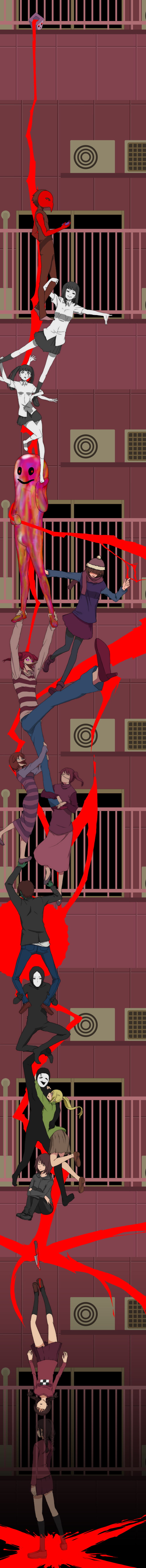 4boys 6+girls absurdres black_hair blonde_hair blood braid brown_eyes brown_hair closed_eyes colored_skin durarara!! eggplant green_skin highres kasei-san knife kyukkyu-kun long_hair long_image madotsuki mafurako monoe monoko multiple_boys multiple_girls okui_misohiko outdoors parody personification poniko ponytail sekomumasada_sensei shitaisan spoilers tall_image toriningen trust_me_(durarara!!) twin_braids twintails uboa yume_nikki